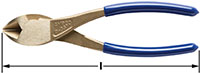 Image of a pair of diagonal cutting pliers with blue handles, positioned horizontally. The bronze metal head is marked with "AMPCO P-36. A double-headed arrow beneath indicates length.